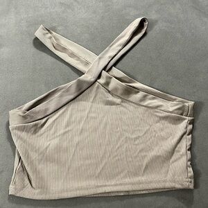 Shein tank top crisscross by neck ribbed beige cropped polyester elastine small